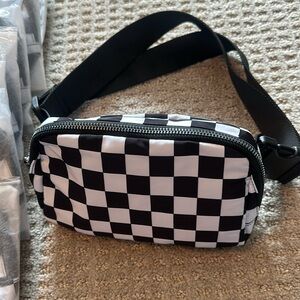 Black and white checkers crossbody belt bag adjustable strap